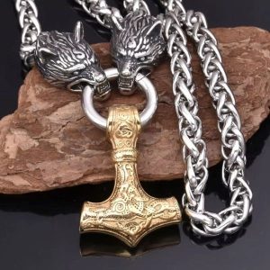 Double Wolf Head Pendant Necklace with Thor's Hammer - Vikingchampion